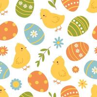 Seamless pattern with easter eggs, chicks and flowers. Colorful holiday background. Vector flat illustration on white