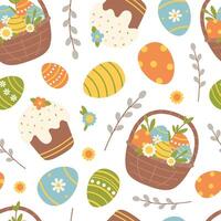 Seamless pattern with easter cake, basket, willow, eggs and flowers. Colorful holiday background. Vector flat illustration on white