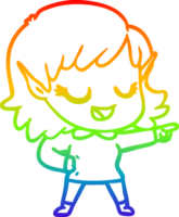 rainbow gradient line drawing of a happy cartoon elf girl pointing png