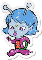 distressed sticker of a pretty cartoon alien girl running png