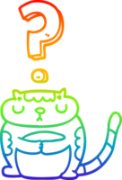 rainbow gradient line drawing of a cartoon cat with question mark png