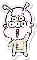 distressed sticker of a happy cartoon alien png