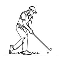 continuo uno línea golf columpio jugador en profesional tomando un Disparo garabatear vector ilustración en blanco