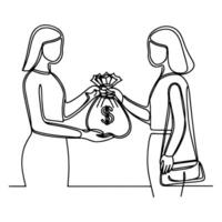 hand giving money bag to another people, financial goal business doodle concept vector illustration