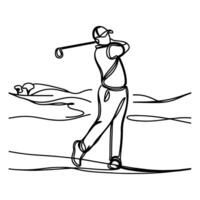 continuous one line golf swing player on professional taking a shot doodle vector illustration on white