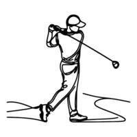 continuo uno línea golf columpio jugador en profesional tomando un Disparo garabatear vector ilustración en blanco