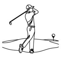 continuo uno línea golf columpio jugador en profesional tomando un Disparo garabatear vector ilustración en blanco