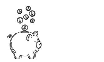 continuous one black line coins falling in Piggy bank doodle style vector illustration on white background