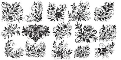 hand draw of beautiful floral ornament black leaves. Contour Flower leaf set element vector