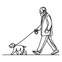 continuous single black linear line sketch drawing person walking with puppy dog doodle vector illustration on white