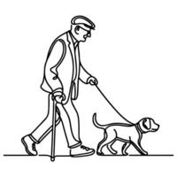 continuous single black linear line sketch drawing person walking with puppy dog doodle vector illustration on white