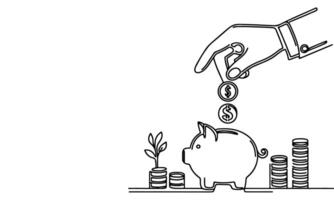 continuous one black line hand putting coins falling in Piggy bank doodle style vector illustration on white background