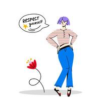 Standing confident woman with speech bubble. Respect yourself hand drawn lettering. Feminism and self love concept. Vector flat trendy illustration