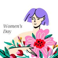 International women's day postcard design. Happy woman surrounded by bold flowers. Feminism and self love concept. Flat colorful vector isolated illustration