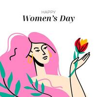 International women's day postcard modern design. Beautiful young woman holding tulip. Feminism and self love concept. Flat colorful vector isolated illustration