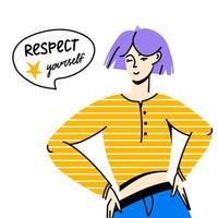 Confident female with speech bubble. Respect yourself hand drawn lettering. Feminism and self love concept. Vector flat colorful illustration