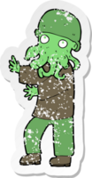 retro distressed sticker of a cartoon alien man png