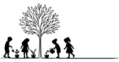 continuo uno negro línea Arte dibujo silueta de niños riego un árbol. plantando árbol a salvar el mundo y tierra día reducir global calentamiento crecimiento concepto vector ilustración en blanco antecedentes