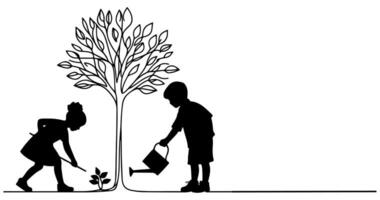 continuo uno negro línea Arte dibujo silueta de niños riego un árbol. plantando árbol a salvar el mundo y tierra día reducir global calentamiento crecimiento concepto vector ilustración en blanco antecedentes