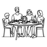 Continuous one black line art drawing happy family father and mother with child. having dinner sitting at table doodles style vector illustration on white background