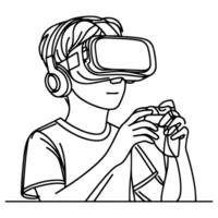 single continuous drawing black line art linear boy using virtual reality headset simulator glasses to learn new technology vector