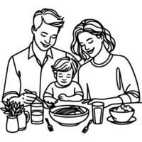 Continuous one black line art drawing happy family father and mother with child. having dinner sitting at table doodles style vector illustration on white background