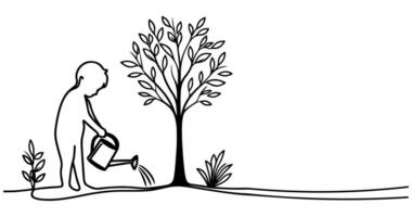 Continuous one black line art drawing Silhouette of children watering a tree. planting tree to save the world and earth day reduce global warming growth concept vector illustration on white background