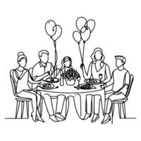 single continuous drawing black line family dinner sitting at table to celebration anniversary happy birthday party doodles vector