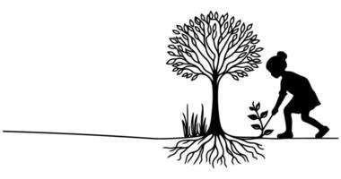 Continuous one black line art drawing Silhouette of children planting tree. Shovel digs roots plant into ground to save the world and earth day reduce global warming growth vector