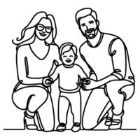 continuo uno negro línea Arte dibujo contento familia padre y madre con niño garabatos estilo vector ilustración en blanco