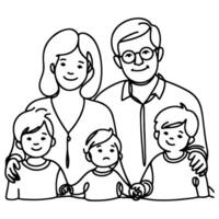 Continuous one black line art drawing happy family father and mother with child doodles style vector illustration on white