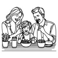 Continuous one black line art drawing happy family father and mother with child. having dinner sitting at table doodles style vector illustration on white background