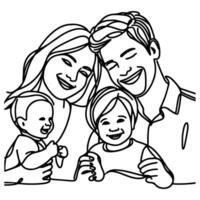 Continuous one black line art drawing happy family father and mother with child doodles style vector illustration on white