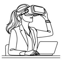 single continuous drawing black line art linear woman in office using virtual reality headset simulator glasses with computer doodle style sketch vector