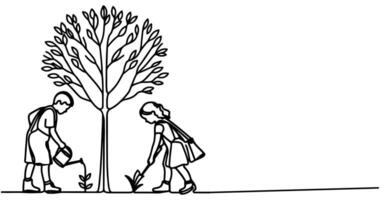 continuo uno negro línea Arte dibujo silueta de niños riego un árbol. plantando árbol a salvar el mundo y tierra día reducir global calentamiento crecimiento concepto vector ilustración en blanco antecedentes