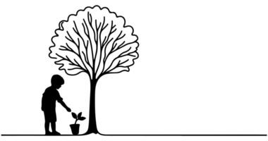 Continuous one black line art drawing Silhouette of children watering a tree. planting tree to save the world and earth day reduce global warming growth concept vector illustration on white background