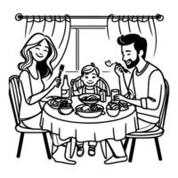 Continuous one black line art drawing happy family father and mother with child. having dinner sitting at table doodles style vector illustration on white background