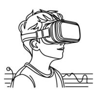 single continuous drawing black line art linear boy using virtual reality headset simulator glasses to learn new technology vector