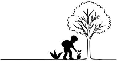 continuo uno negro línea Arte dibujo silueta de niños riego un árbol. plantando árbol a salvar el mundo y tierra día reducir global calentamiento crecimiento concepto vector ilustración en blanco antecedentes