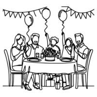 single continuous drawing black line family dinner sitting at table to celebration anniversary birthday party doodles vector