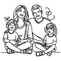 Continuous one black line art drawing happy family father and mother with child doodles style vector illustration on white