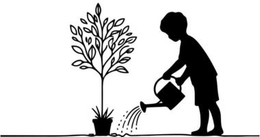 continuo uno negro línea Arte dibujo silueta de niños riego un árbol. plantando árbol a salvar el mundo y tierra día reducir global calentamiento crecimiento concepto vector ilustración en blanco antecedentes