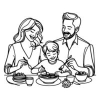 Continuous one black line art drawing happy family father and mother with child. having dinner sitting at table doodles style vector illustration on white background