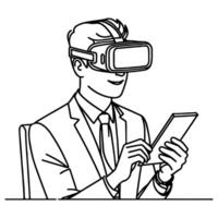 single continuous drawing black line art linear businessman in office using virtual reality headset simulator glasses with computer doodle style sketch vector