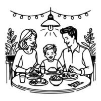 Continuous one black line art drawing happy family father and mother with child. having dinner sitting at table doodles style vector illustration on white background