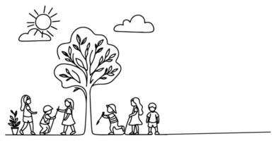 Continuous one black line art drawing Silhouette of children planting tree. Shovel digs roots plant into ground to save the world and earth day reduce global warming growth vector