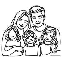 continuo uno negro línea Arte dibujo contento familia padre y madre con niño garabatos estilo vector ilustración en blanco