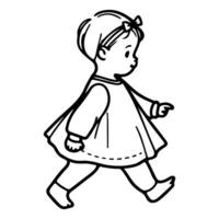 Continuous one black line art hand drawing child walking doodles outline cartoon characters style coloring page vector illustration  on white background