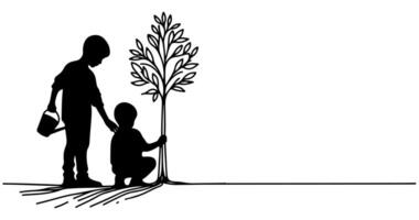 Continuous one black line art drawing Silhouette of children watering a tree. planting tree to save the world and earth day reduce global warming growth concept vector illustration on white background