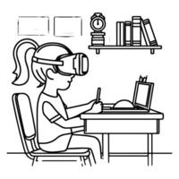 single continuous drawing black line art linear girl using virtual reality headset simulator glasses to learn new technology vector